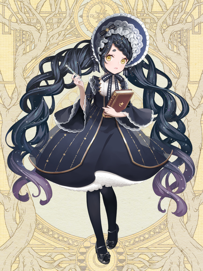 1girl, black_dress, black_footwear, black_hair, black_pantyhose, black_ribbon, bonnet, book