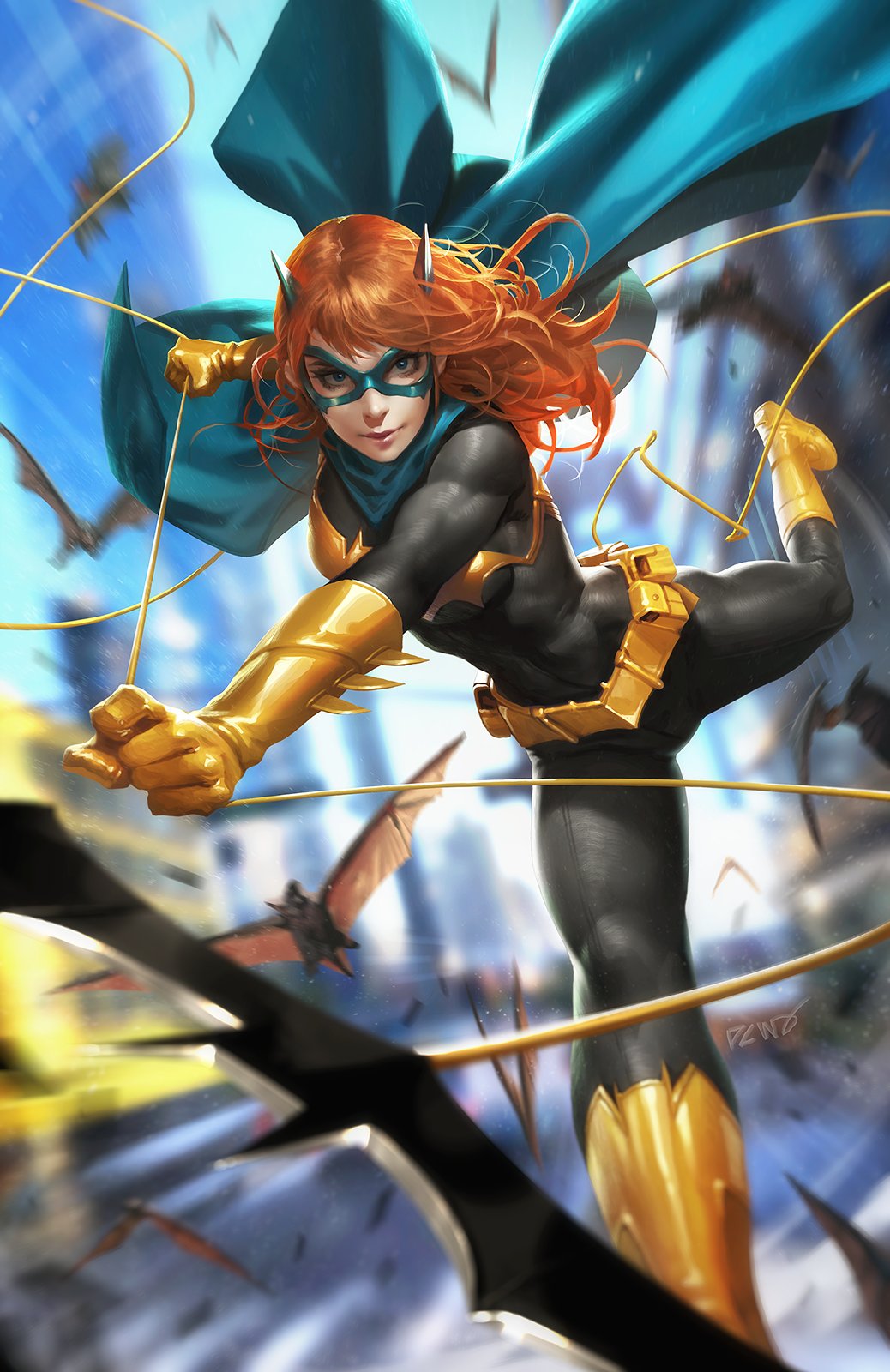 1girl, barbara_gordon, bat_(animal), batarang, batgirl, batman_(series), belt, belt_pouch