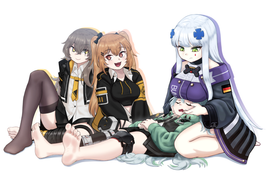 4girls, barefoot, breasts, brown_hair, facial_mark, g11_(girls'_frontline), girls_frontline, hair_ornament