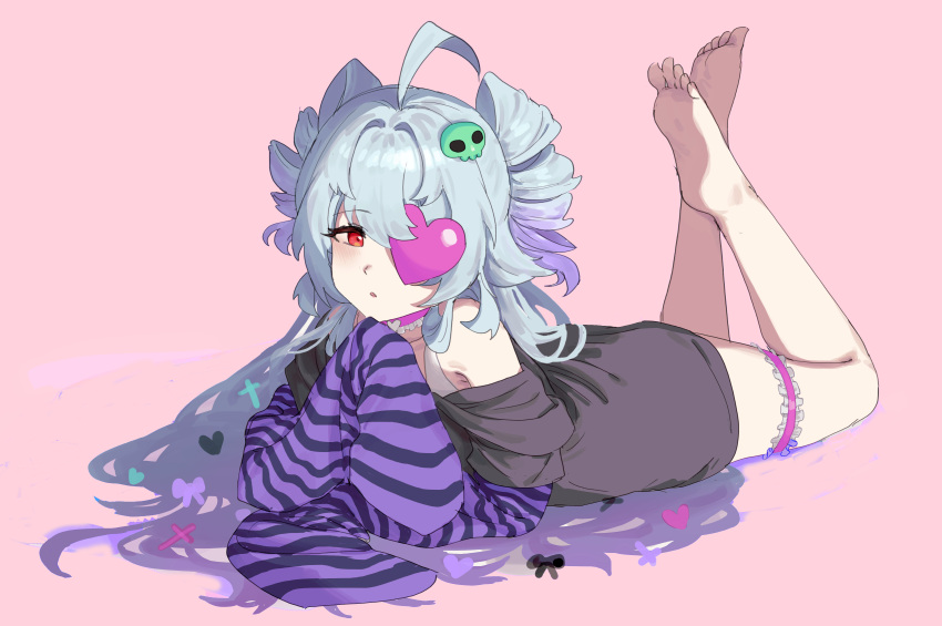1girl, absurdres, barefoot, blue_hair, girls'_frontline_neural_cloud, hair_ornament, halloween_costume, helix_(neural_cloud)