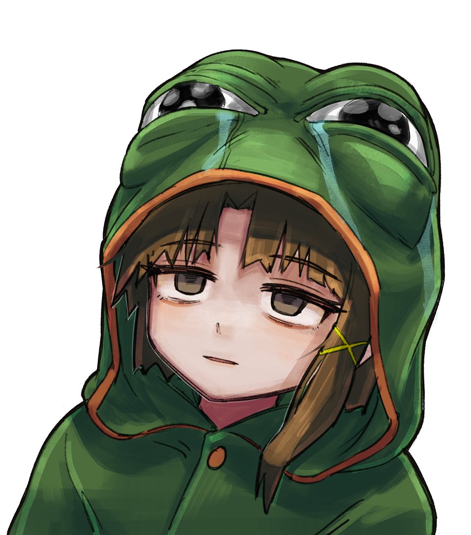 1girl, animal_costume, boy's_club, brown_eyes, brown_hair, frog_costume, hair_ornament, half-closed_eyes, iwakura_lain, parted_lips, pepe_the_frog, serial_experiments_lain, simple_background, single_sidelock, solo, upper_body, white_background, x_hair_ornament, yuroroo