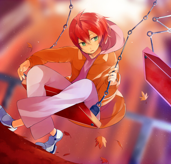 green_eyes, hinata123, hoodie, inazuma_eleven, jacket, kiyama_hiroto, leaf, red_hair, redhead, short_hair, swing, wind