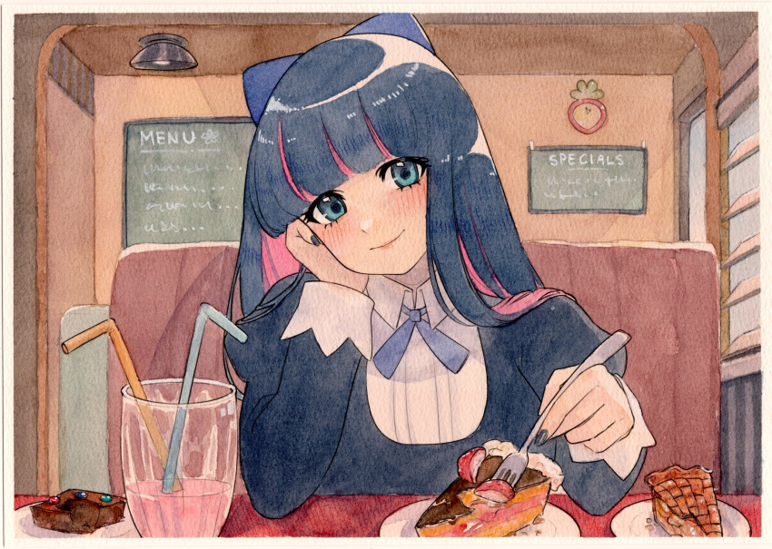 1girl, black_dress, blue_bow, blue_eyes, blue_hair, blue_nails, blue_ribbon, blunt_bangs
