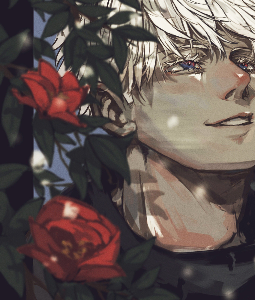1boy, absurdres, black_shirt, blue_eyes, blurry, depth_of_field, flower, gojou_satoru