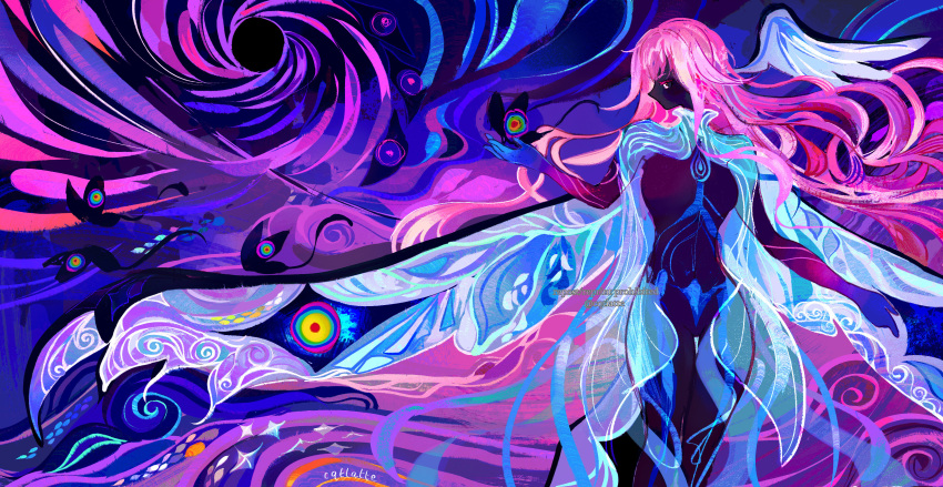 1girl, abstract, abstract_background, absurdres, animal, aqua_theme, aqua_wings, artist_name, black_skin, bug, butterfly, character_request, check_character, check_copyright, colored_skin, copyright_request, cqtlatte, cropped_legs, english_text, eyes_in_wings, feathered_wings, floating_hair, highres, holding, holding_animal, insect_wings, iridescent, long_hair, looking_to_the_side, multicolored_eyes, negative_space, painterly, pink_background, pink_eyes, pink_hair, pink_theme, punishing:_gray_raven, rainbow_eyes, solo, spiral_background, standing, straight-on, the_merciful_one_(punishing:_gray_raven), tumblr_username, twitter_username, wing_ears, wings