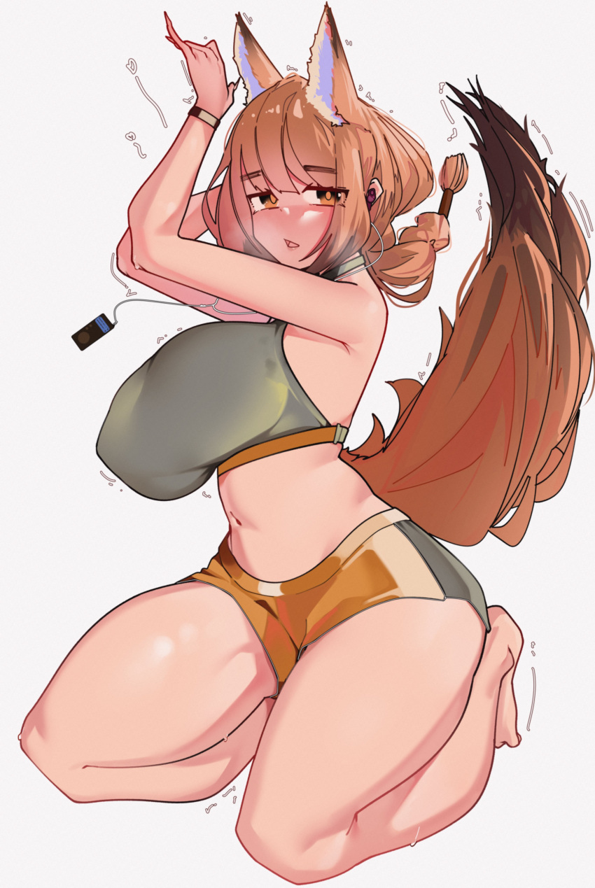 1girl, absurdres, alternate_costume, animal_ear_fluff, animal_ears, arknights, bare_legs, bracelet, breasts, brown_eyes, brown_hair, digital_media_player, earphones, gym_shorts, halterneck, highres, jewelry, large_breasts, long_hair, looking_at_viewer, motion_lines, navel, naxius_noxy, open_mouth, ponytail, ratatos_browntail_(arknights), seiza, shorts, sidelocks, sitting, solo, sports_bra, squirrel_ears, squirrel_girl, squirrel_tail, tail, thick_eyebrows, white_background, workout_clothes