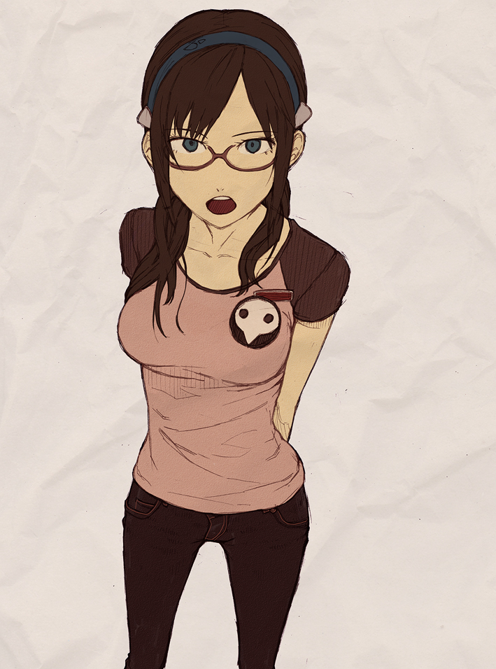 bad_id, blue_eyes, brown_hair, casual, evangelion:_2.0_you_can_(not)_advance, glasses, hairband, itsutsu, jeans, long_hair, makinami_mari_illustrious, neon_genesis_evangelion, open_mouth, raglan_sleeves, rebuild_of_evangelion, solo