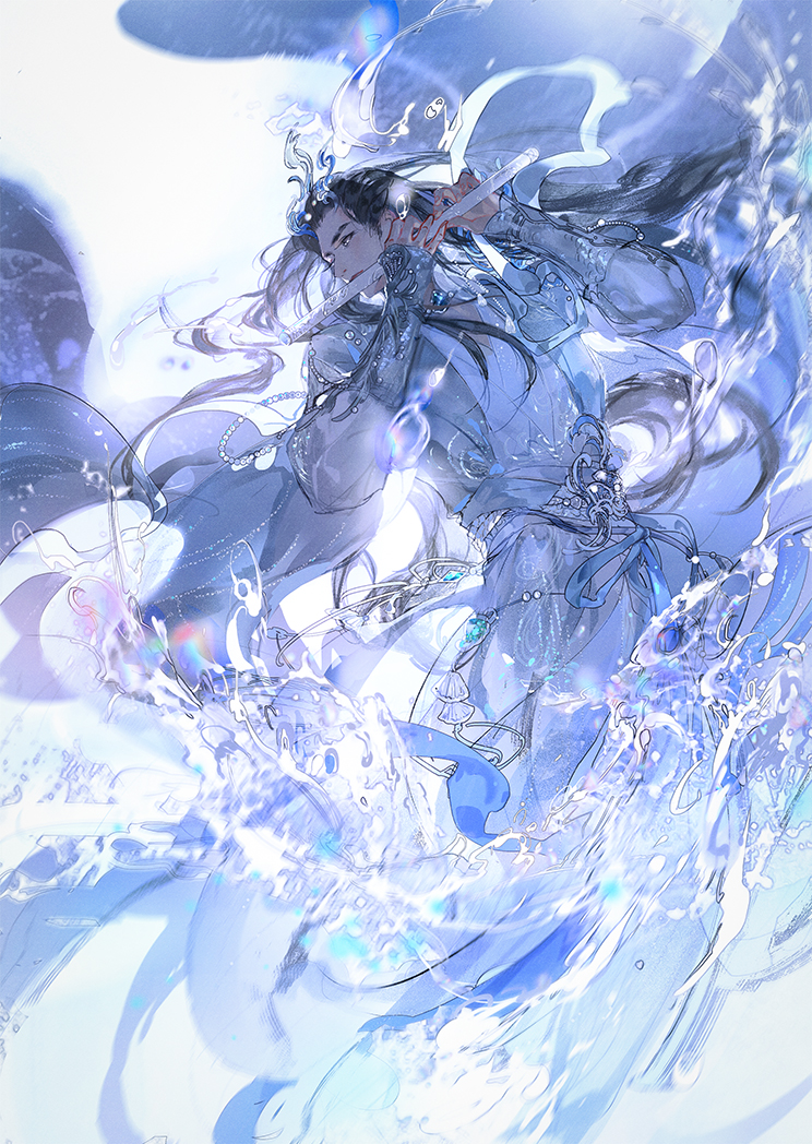 1boy, bishounen, black_hair, blue_ribbon, blue_robe, blue_theme, bracer, character_request, chinese_clothes, chinese_commentary, commentary_request, floating_hair, flute, full_body, grey_eyes, hanfu, holding, holding_flute, holding_instrument, instrument, long_hair, long_sleeves, looking_to_the_side, male_focus, music, nishui_han, playing_instrument, ribbon, robe, solo, thick_eyebrows, very_long_hair, waist_ribbon, water, wide_sleeves, yishangui