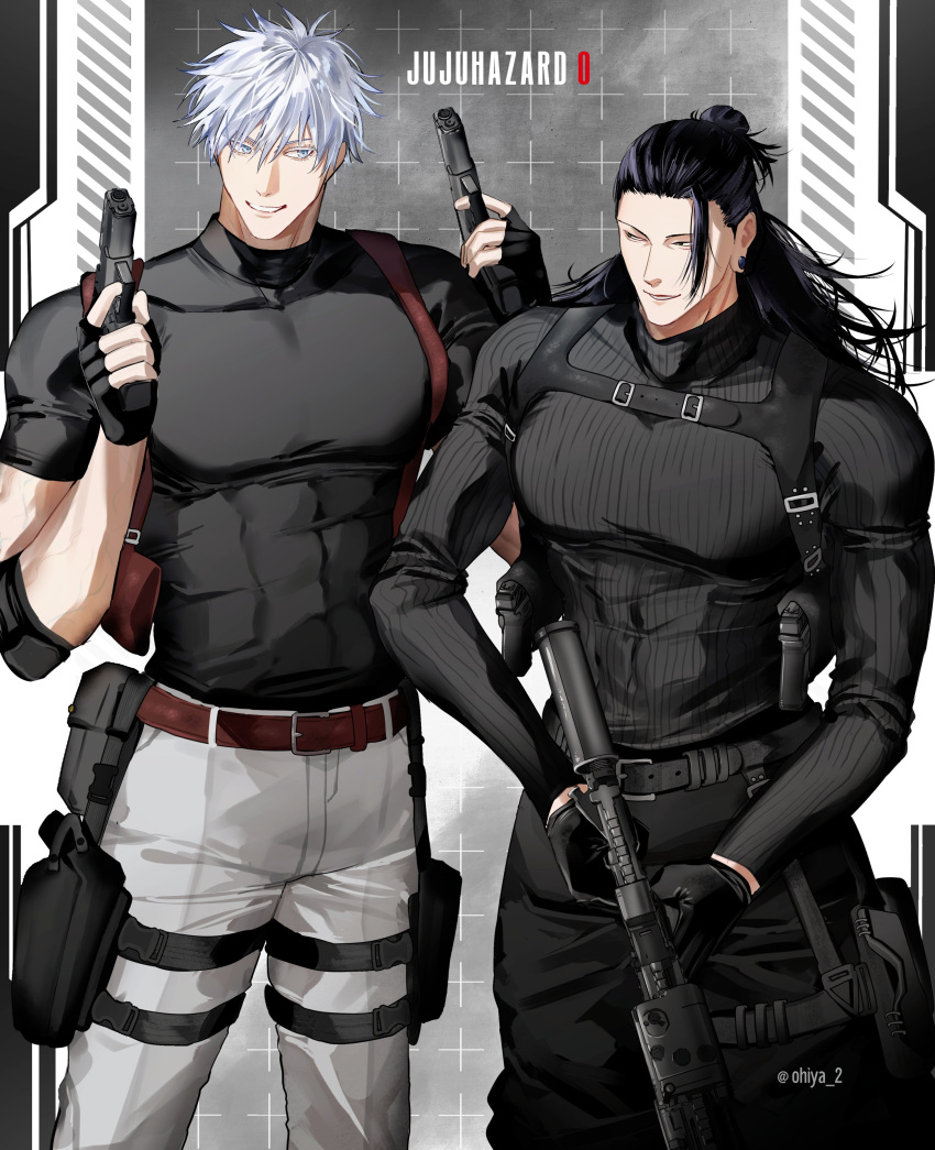 2boys, abs, absurdres, belt, black_belt, black_hair, black_pants, black_shirt