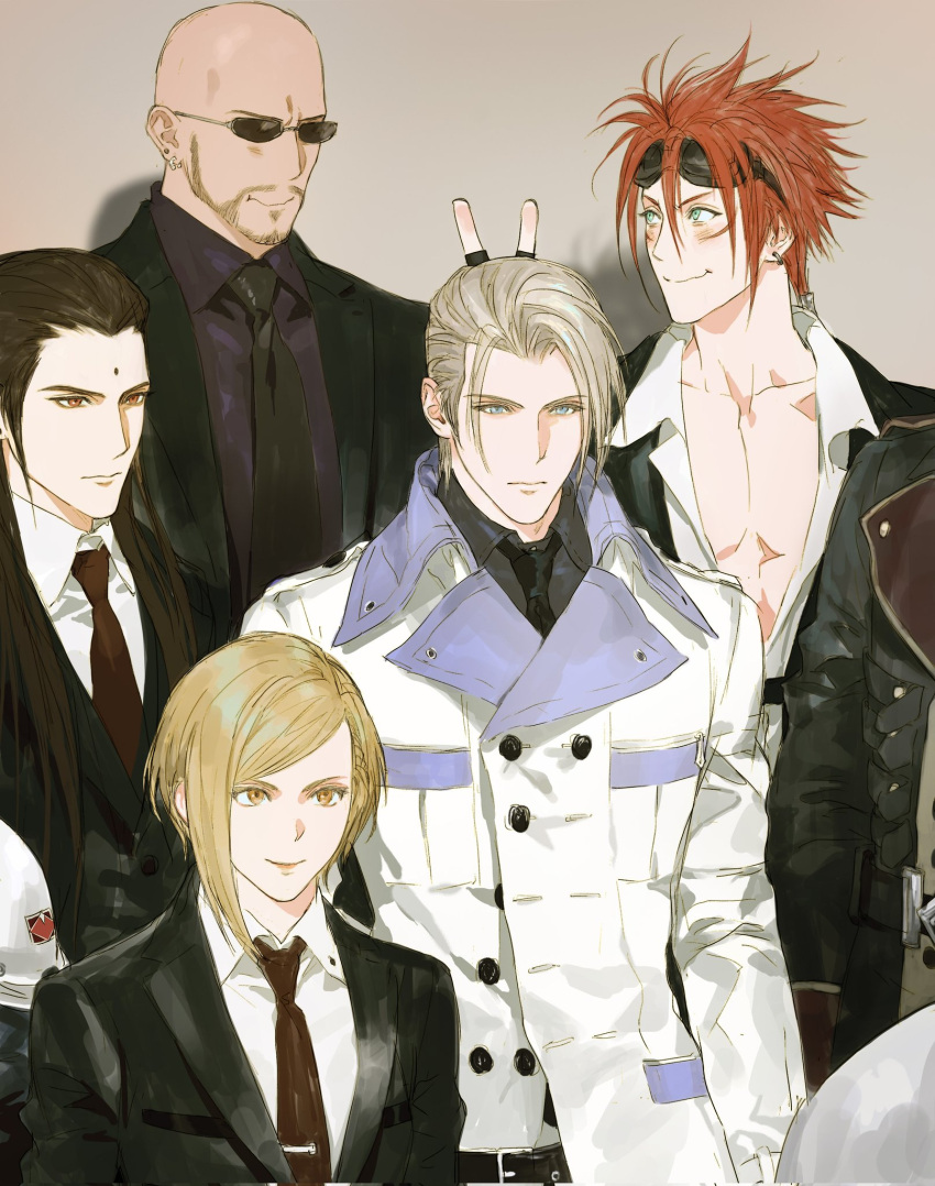 bald, beard, black_hair, black_suit, blonde_hair, elena_(ff7), facial_hair, facial_mark, final_fantasy, final_fantasy_vii, final_fantasy_vii_rebirth, final_fantasy_vii_remake, fingerless_gloves, forehead_mark, gloves, goggles, goggles_on_head, heidegger_(final_fantasy), highres, necktie, quxiaochong, redhead, reno_(ff7), rude_(ff7), rufus_shinra, shinra_infantry, smile, standing, suit, sunglasses, tseng, v