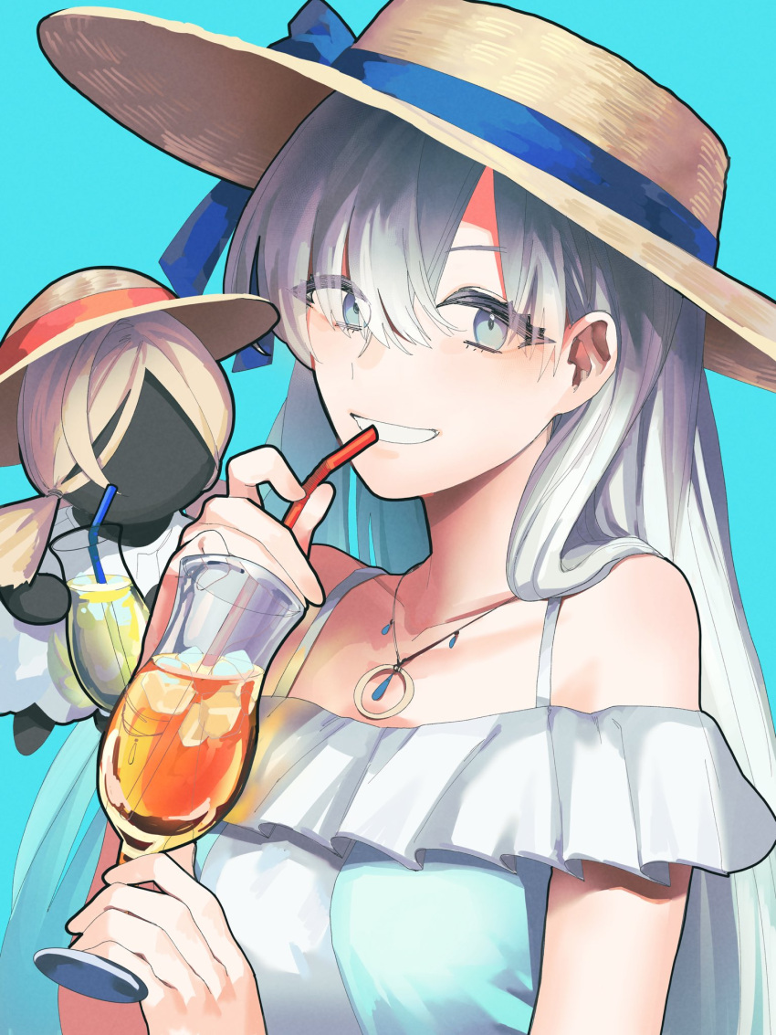 1girl, anastasia_(fate), anastasia_(swimsuit_archer)_(fate), anastasia_(swimsuit_archer)_(first_ascension)_(fate), blue_background, blue_eyes, cup, doll
