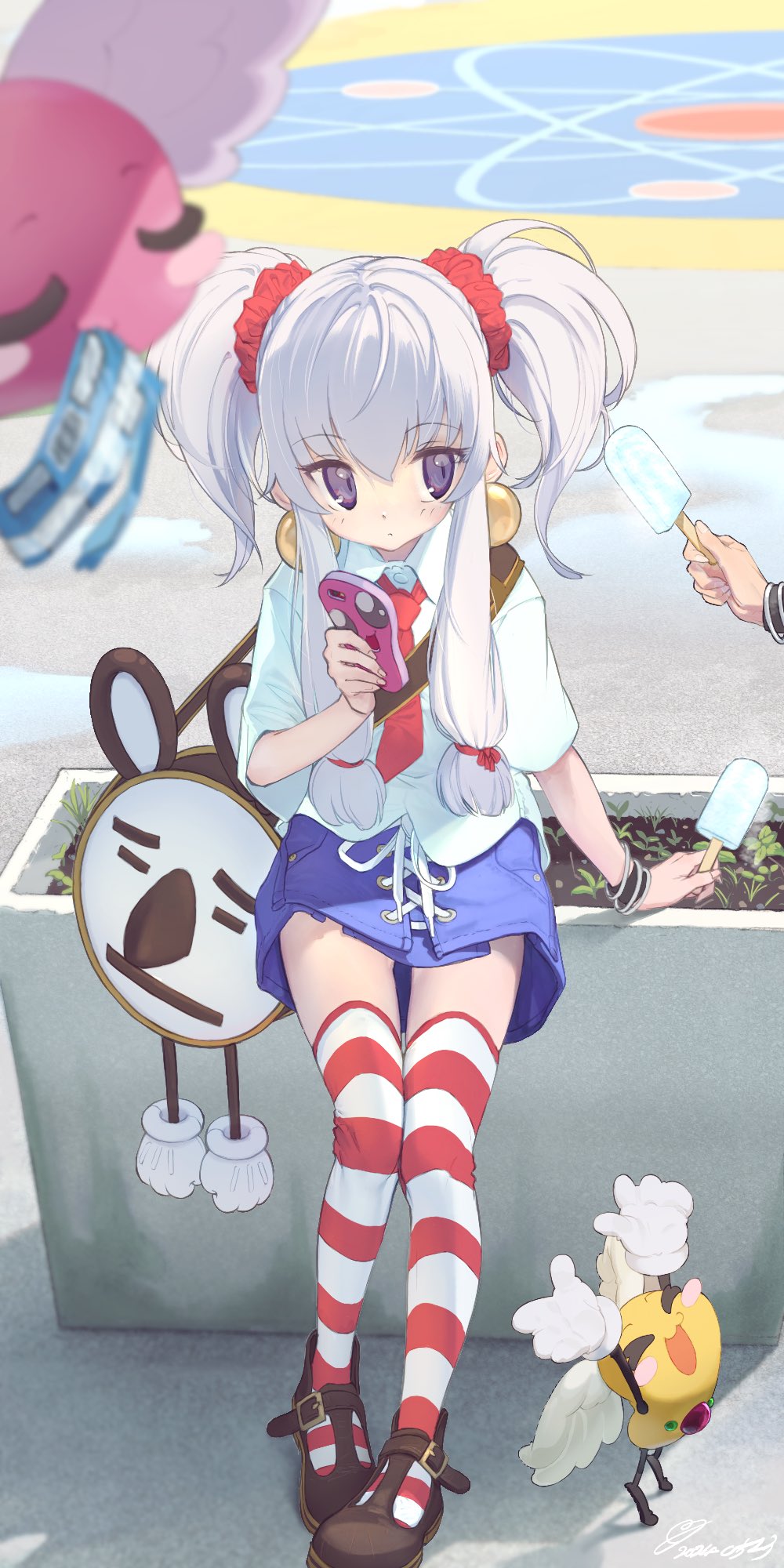 1girl, akihabara_dennou_gumi, bag, bracelet, cellphone, denim, denim_skirt, densuke_(akihabara_dennou_gumi)