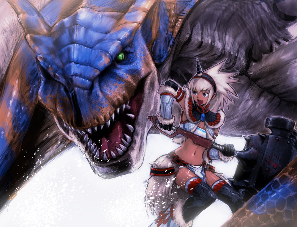 black_eyes, boyaking, elbow_gloves, fang, gloves, green_eyes, hairband, hammer