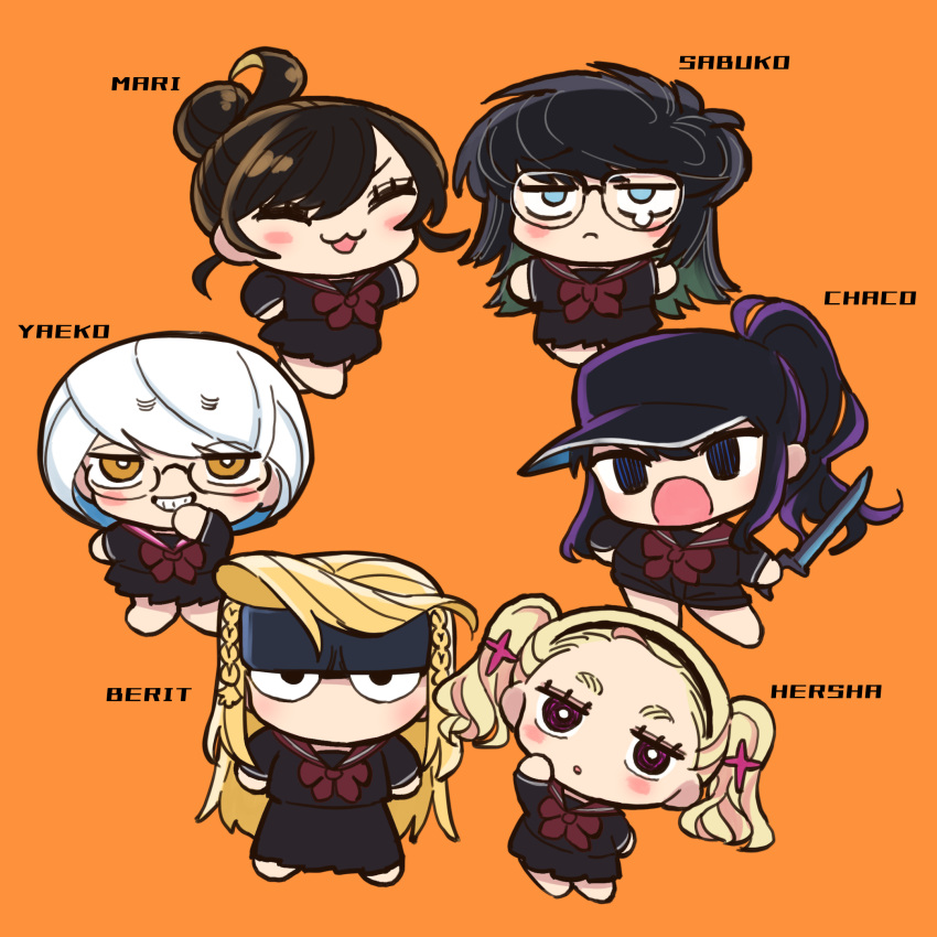 6+girls, bandana, berit_(eisu), black_hair, black_serafuku, blonde_hair, braid, brown_eyes