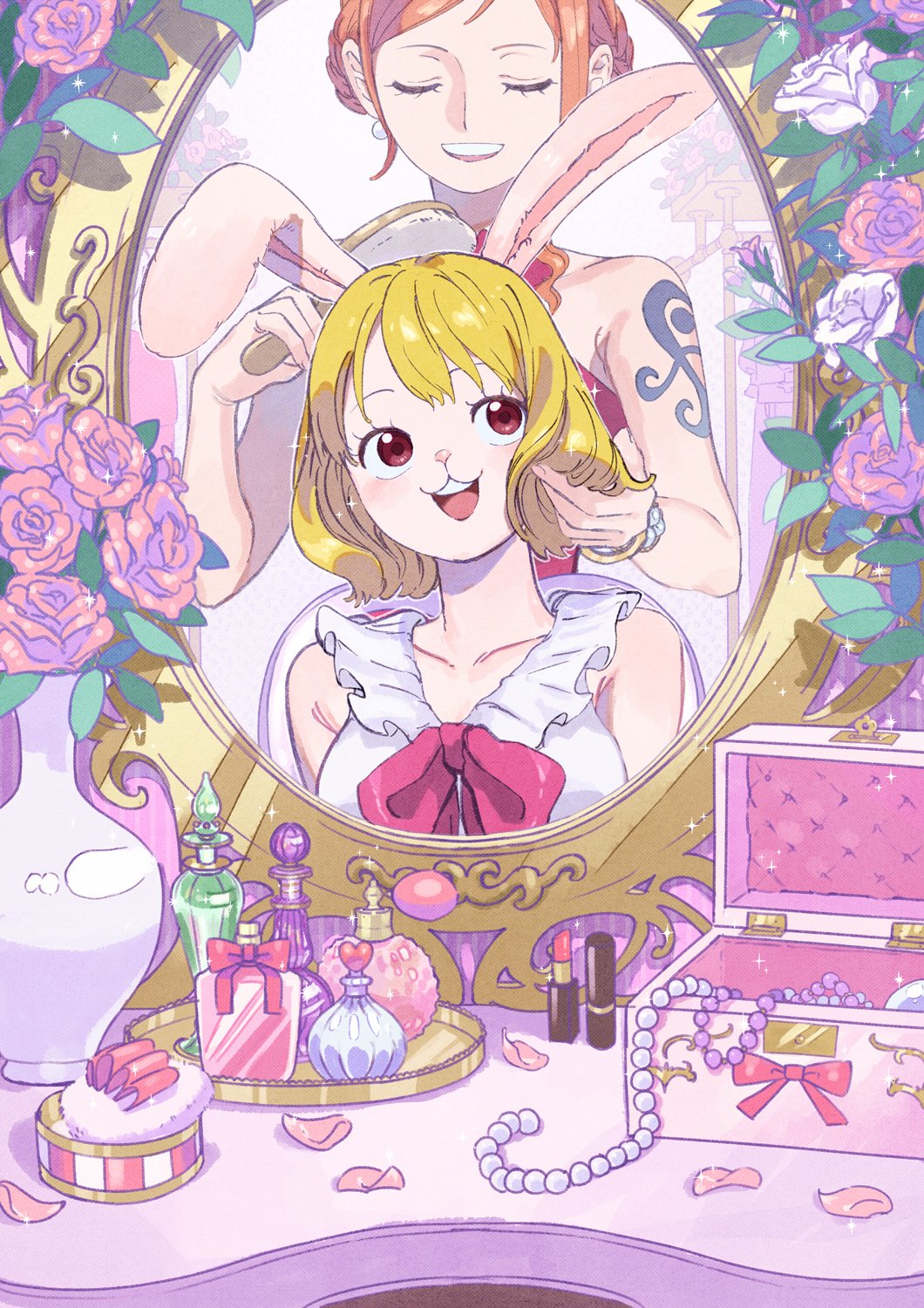2girls, animal_ears, armpit_crease, artist_request, bangle, bare_shoulders, blonde_hair, bottle