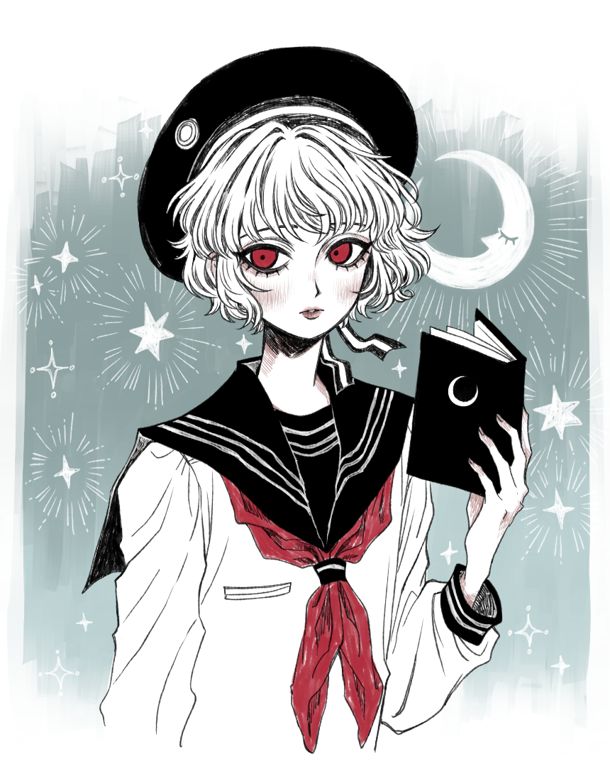 1boy, androgynous, black_hat, black_ribbon, black_sailor_collar, blue_background, blush, book