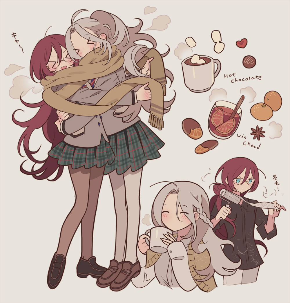 >_<, 2girls, ^_^, bad_id, bad_pixiv_id, black_shirt, braid, brown_footwear
