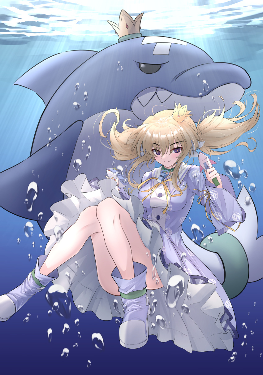 1girl, absurdres, air_bubble, animal, bandaid, bandaid_on_head, black_eyes, blonde_hair, blue_dress, blue_footwear, blush, boots, bow, breasts, bubble, crown, dolphin, dress, dual_wielding, fang, fins, frilled_dress, frills, green_bracelet, hair_between_eyes, hair_bow, hair_ornament, highres, holding, holding_water_gun, kafuru_(senran_kagura), light_rays, looking_at_viewer, low_twintails, luka_(senran_kagura), medium_breasts, mini_crown, ribbon, senran_kagura, senran_kagura_estival_versus, smile, solo, submerged, sunbeam, sunlight, swimming, tupet, twintails, underwater, violet_eyes, water, water_gun, whistle, yellow_ribbon, yorozuya_(yoroz_ryobi)