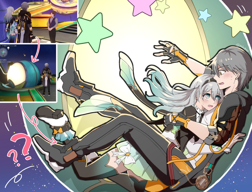 1boy, 1girl, accident, accidental_pervert, accidental_touch, aqua_skirt, aqua_thighhighs, black_footwear