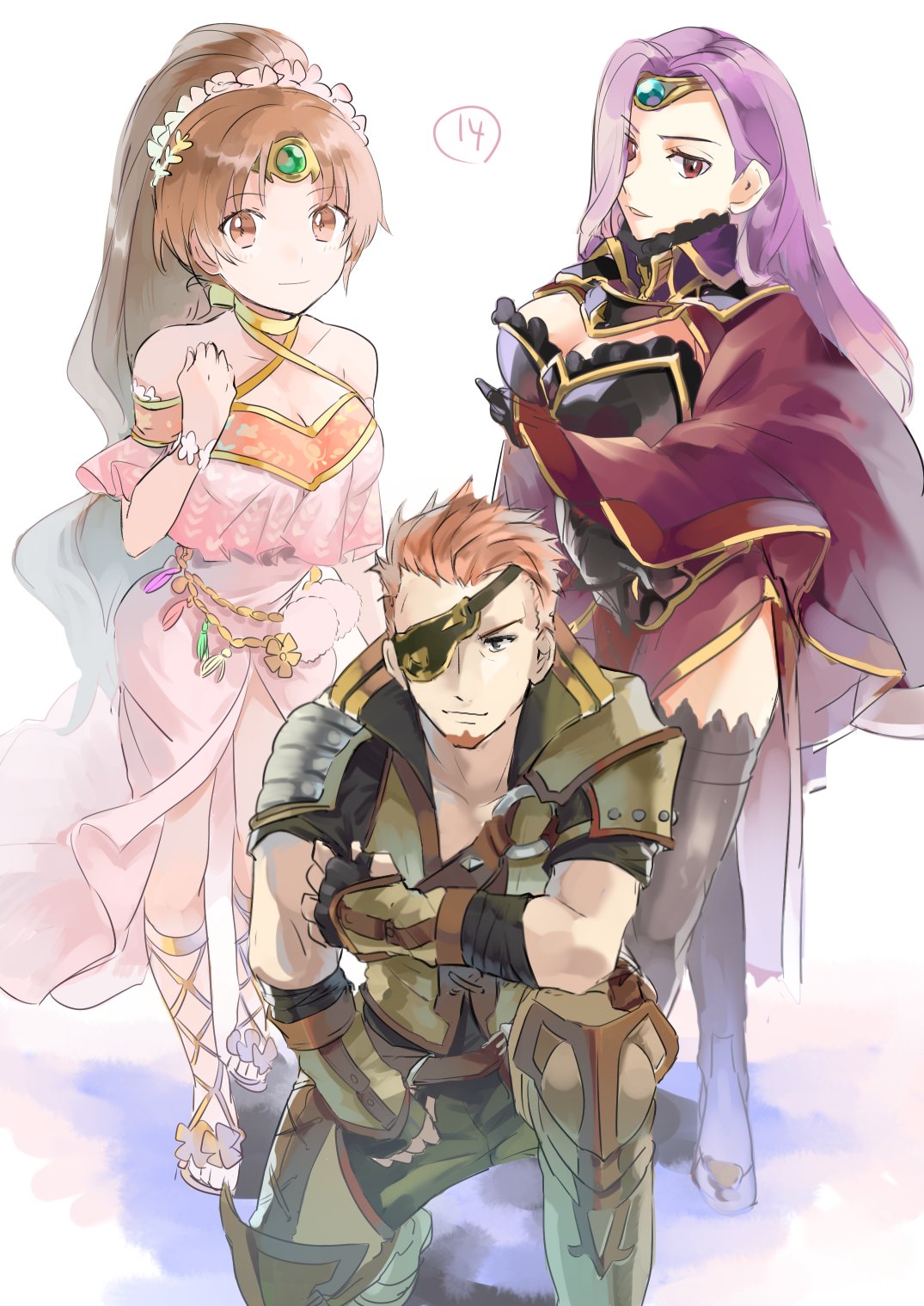 1boy, 2girls, beard, blue_gemstone, brown_eyes, brown_hair, cape, circlet
