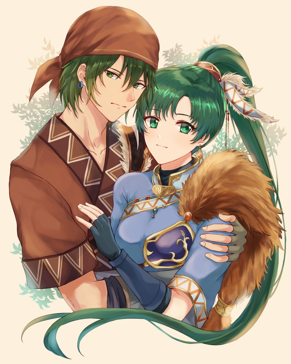 1boy, 1girl, armor, breastplate, brown_bandana, brown_tunic, couple, earrings