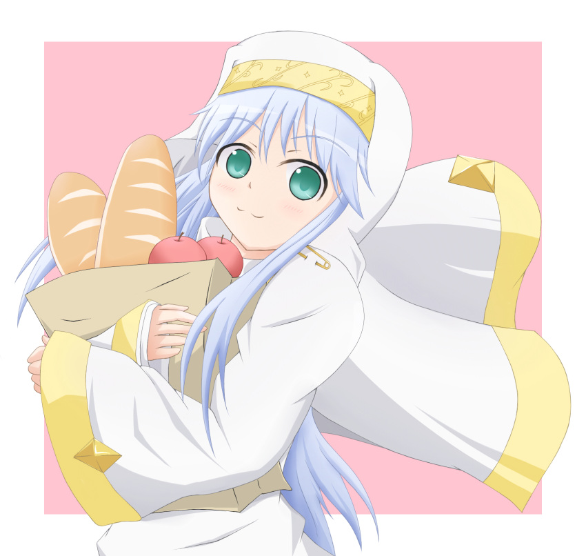 apple, bag, black_hair, bread, food, fruit, green_eyes, habit