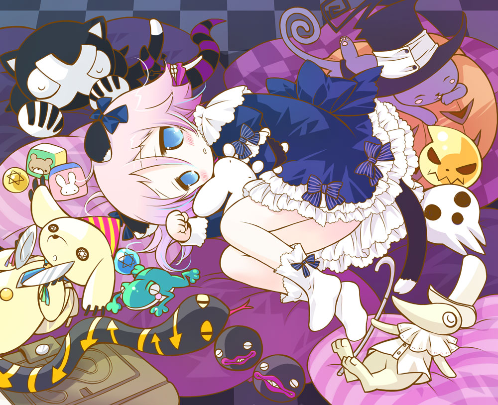 animal_ears, blair, blue_eyes, blush, cat, cat_ears, child, closed_eyes, dress, excalibur_(soul_eater), fetal_position, lying, makenshi_chrona, pillow, pink_hair, pumpkin, ragnarok_(demon_sword), sakurazawa_izumi, sleeping, sleepy, soul_eater, stuffed_animal, stuffed_toy
