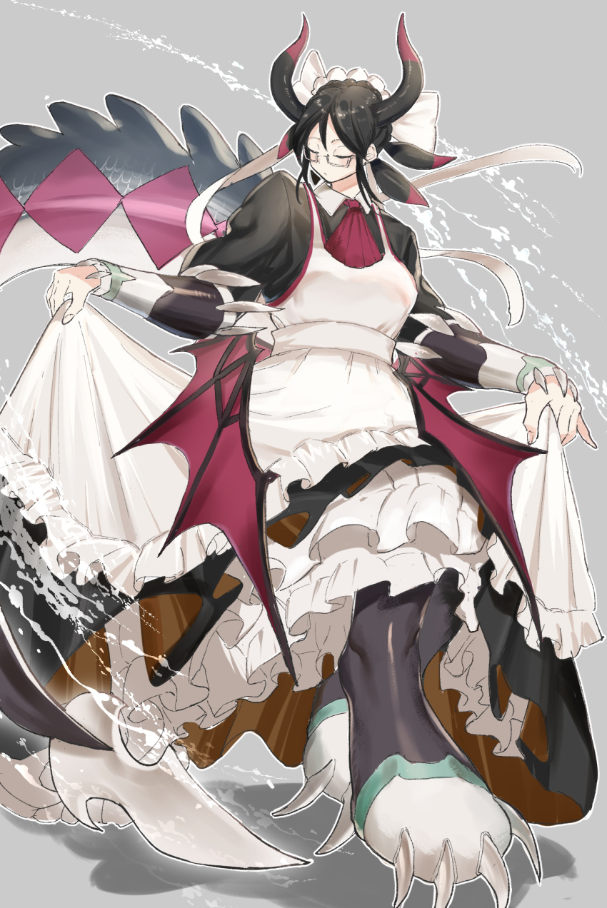 1girl, animal_feet, apron, black_dress, black_hair, closed_eyes, clothes_lift, dougaku_(passionpit777)