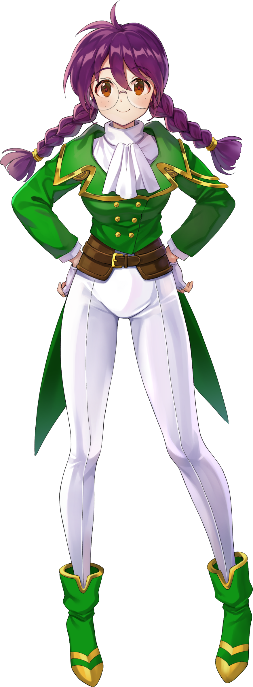 1girl, aiguillette, ankle_boots, arrow_print, artist_request, ascot, belt, belt_buckle, blunt_ends, blush, boots, braid, brown_belt, brown_eyes, buckle, buttons, closed_mouth, coattails, collared_jacket, double-breasted, double_vertical_stripe, final_gear, fingerless_gloves, freckles, full_body, gloves, gold_buckle, gold_buttons, green_footwear, green_jacket, hair_between_eyes, hair_tie, half_updo, hands_on_own_hips, highres, jacket, jimiko, knees, long_hair, long_sleeves, mandarin_collar, official_art, pants, parted_lips, purple_hair, ri_kouran, rimless_eyewear, round_eyewear, sakura_taisen, sega, short_sidelocks, sidelocks, simple_background, smile, solo, standing, striped_clothes, striped_pants, tachi-e, tareme, third-party_source, tight_clothes, tight_pants, transparent_background, twin_braids, two-tone_footwear, vertical-striped_clothes, vertical-striped_pants, white_ascot, white_gloves, white_pants