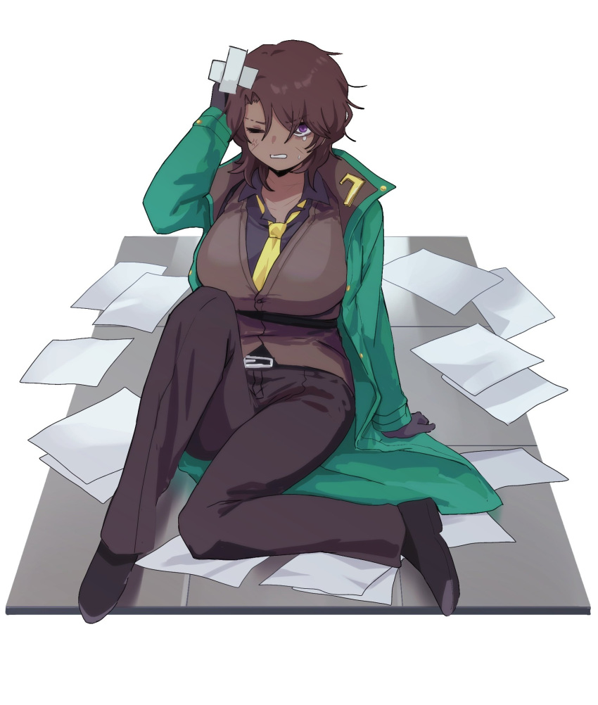 1girl, black_footwear, black_gloves, black_shirt, breasts, brown_hair, brown_pants, brown_vest