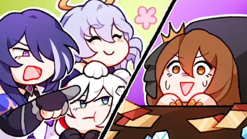 4girls, :d, ^_^, acheron_(honkai:_star_rail), brown_hair, closed_eyes, commission, crown