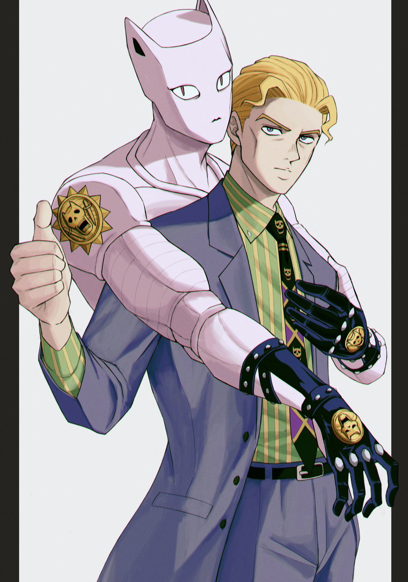 1boy, 1other, blonde_hair, cheekbones, commentary_request, diamond_wa_kudakenai, expressionless, green_shirt