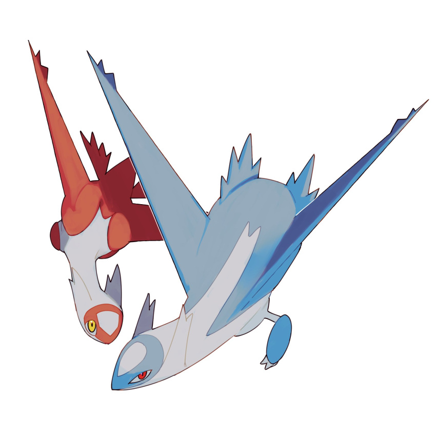 blue_wings, flying, highres, latias, latios, midair, no_humans, pokemon, pokemon_(creature), red_eyes, red_wings, simple_background, v_(govvvvw), white_background, wings, yellow_eyes