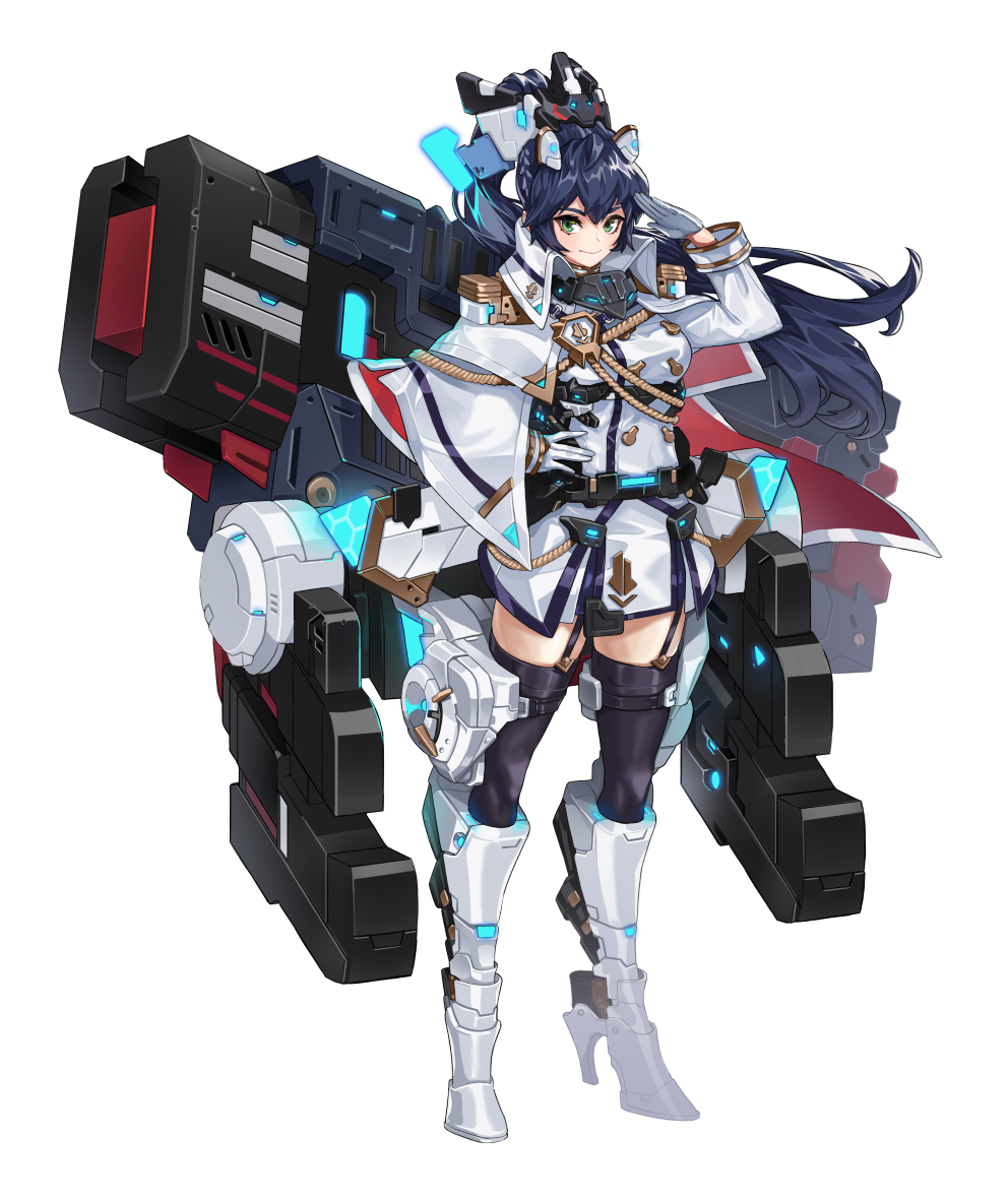 1girl, aiguillette, alternate_costume, artist_request, black_straps, black_thighhighs, blue_hair, boots, bow, buttons, capelet, closed_mouth, collar, collared_capelet, dark_blue_hair, double-breasted, final_gear, full_body, garter_straps, gold_buttons, green_eyes, hair_bow, hairpods, high_heel_boots, high_heels, horizontal-striped_sleeve_cuffs, long_hair, long_sleeves, looking_at_viewer, mechanical_boots, mechanical_bow, military_uniform, official_art, ponytail, rebeyrca_(final_gear), rigging, simple_background, sleeve_cuffs, smile, solo, standing, tachi-e, thigh-highs, thigh_strap, third-party_source, transparent_background, uniform, very_long_hair, white_capelet, white_collar, white_footwear, white_sleeve_cuffs, white_sleeves, white_uniform