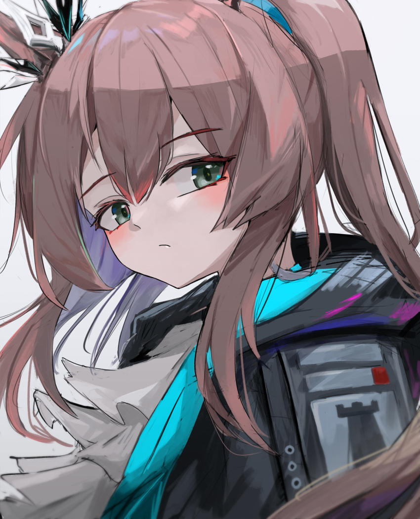 1girl, amiya_(arknights), arknights, ascot, black_jacket, blue_jacket, blush, brown_hair