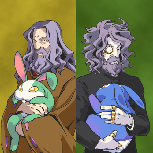 2boys, animal, beard, doctor_magus_3, facial_hair, full_beard, grey_hair, holding