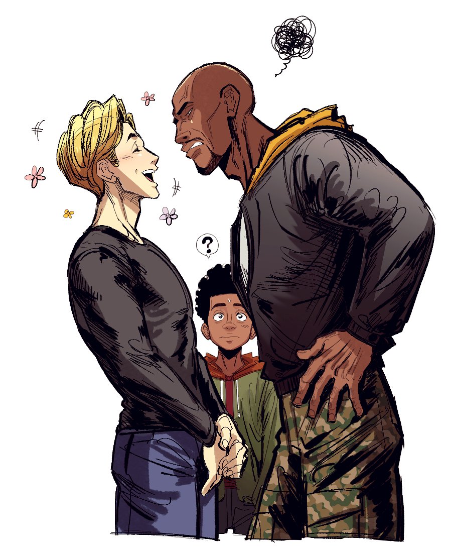 3boys, ?, aaron_davis, afro, bald, camouflage, camouflage_pants, dark-skinned_male, dark_skin, face-to-face, flower, green_jacket, hand_on_own_hip, hood, hoodie, jacket, jungyun99, male_focus, marvel, miles_morales, multiple_boys, open_mouth, pants, red_hoodie, ripeter_(spiderverse), smile, spider-man:_into_the_spider-verse, spider-man_(series), spider-verse, squiggle, sweatdrop, uncle_and_nephew, v_arms, white_background