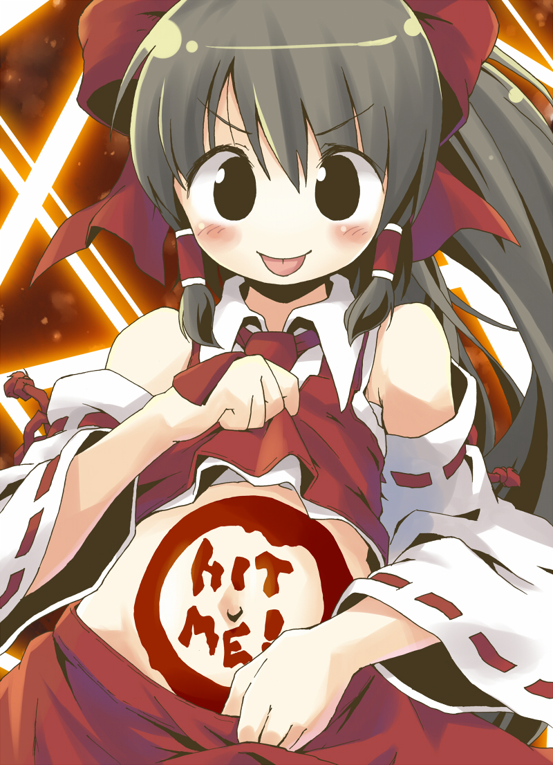 :p, bare_shoulders, bodypaint, bow, brown_eyes, brown_hair, detached_sleeves, face