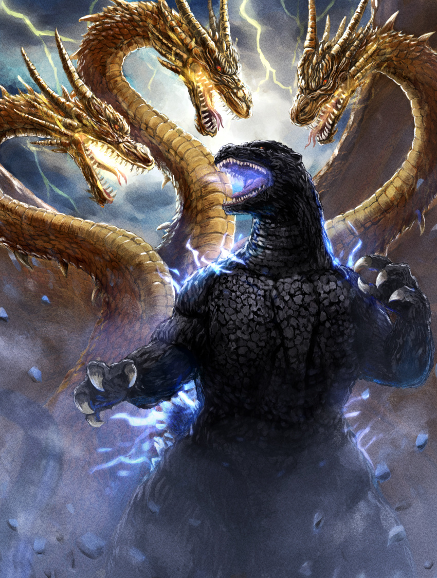 absurdres, akito1218, battle, clouds, cloudy_sky, debris, giant, giant_monster