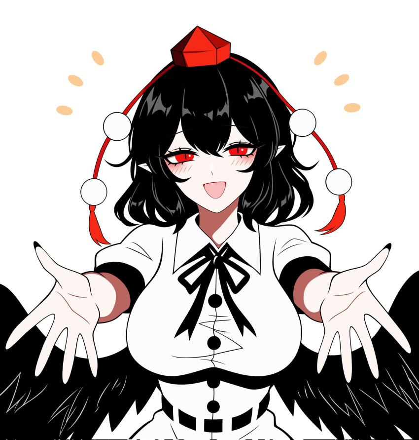 1girl, :d, belt, bird_wings, black_belt, black_hair, black_nails, black_ribbon