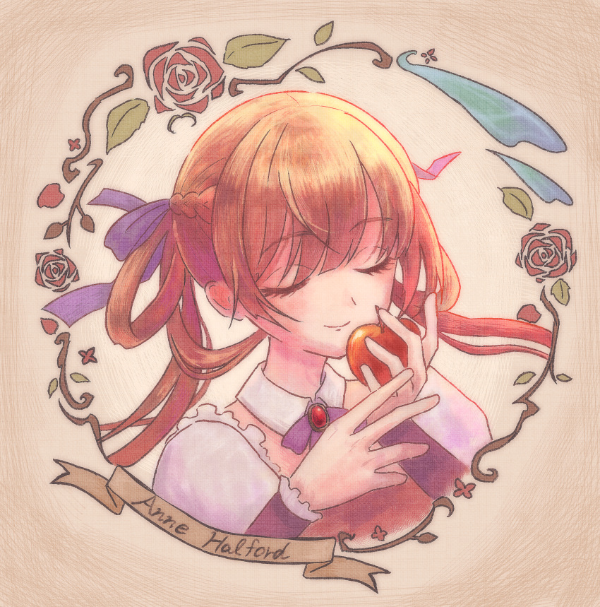 01111100100, 1girl, ann_halford, apple, braid, character_name, closed_eyes, collar, dress, eyebrows_hidden_by_hair, flower_wreath, food, fruit, hair_between_eyes, hair_over_eyes, hair_ribbon, hair_rings, highres, holding, holding_food, holding_fruit, long_hair, orange_hair, purple_ribbon, ribbon, simple_background, smile, solo, sugar_apple_fairy_tale, upper_body, very_long_hair, white_collar, white_dress