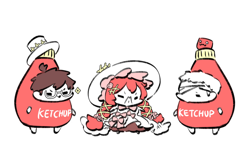 1girl, 2boys, =_=, alchemy_stars, amol_0523, bandage_over_one_eye, brown_hair, brown_skirt, chibi, closed_mouth, costume, dress, faust_(alchemy_stars), flower, food_costume, frilled_dress, frills, frown, hair_flower, hair_ornament, hat, highres, ketchup_bottle, large_hat, long_hair, multiple_boys, nails_(alchemy_stars), pact_(alchemy_stars), pink_ribbon, redhead, ribbon, simple_background, skirt, top_hat, twintails, unworn_hat, unworn_headwear, very_long_hair, wavy_mouth, white_background, white_dress, white_hair, white_hat