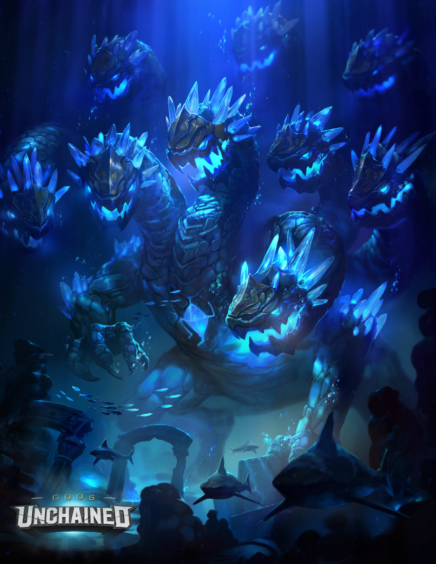 absurdres, air_bubble, blue_eyes, blue_theme, bubble, card_game, copyright_name, fantasy, glowing, glowing_eyes, gods_unchained, highres, hydra, kouga_(hipporit), monster, no_humans, ruins, school_of_fish, shark, underwater