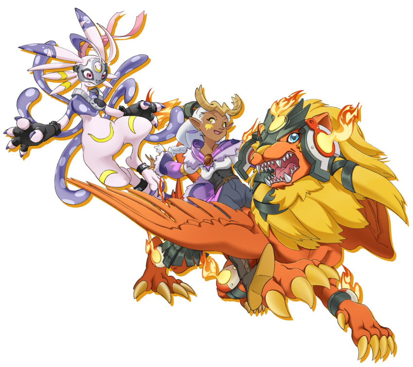1girl, black_gloves, blue_eyes, body_fur, commission, dark-skinned_female, dark_skin, digimon, digimon_(creature), eye_mask, firamon, fire, gloves, highres, lekismon, liecomj, lion, pink_eyes, pink_fur, red_fur, riding, sharp_teeth, simple_background, teeth, white_background, white_hair, yellow_eyes