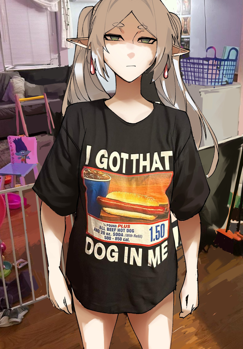 1girl, absurdres, alternate_costume, basket, black_shirt, chair, closed_mouth, clothes_writing