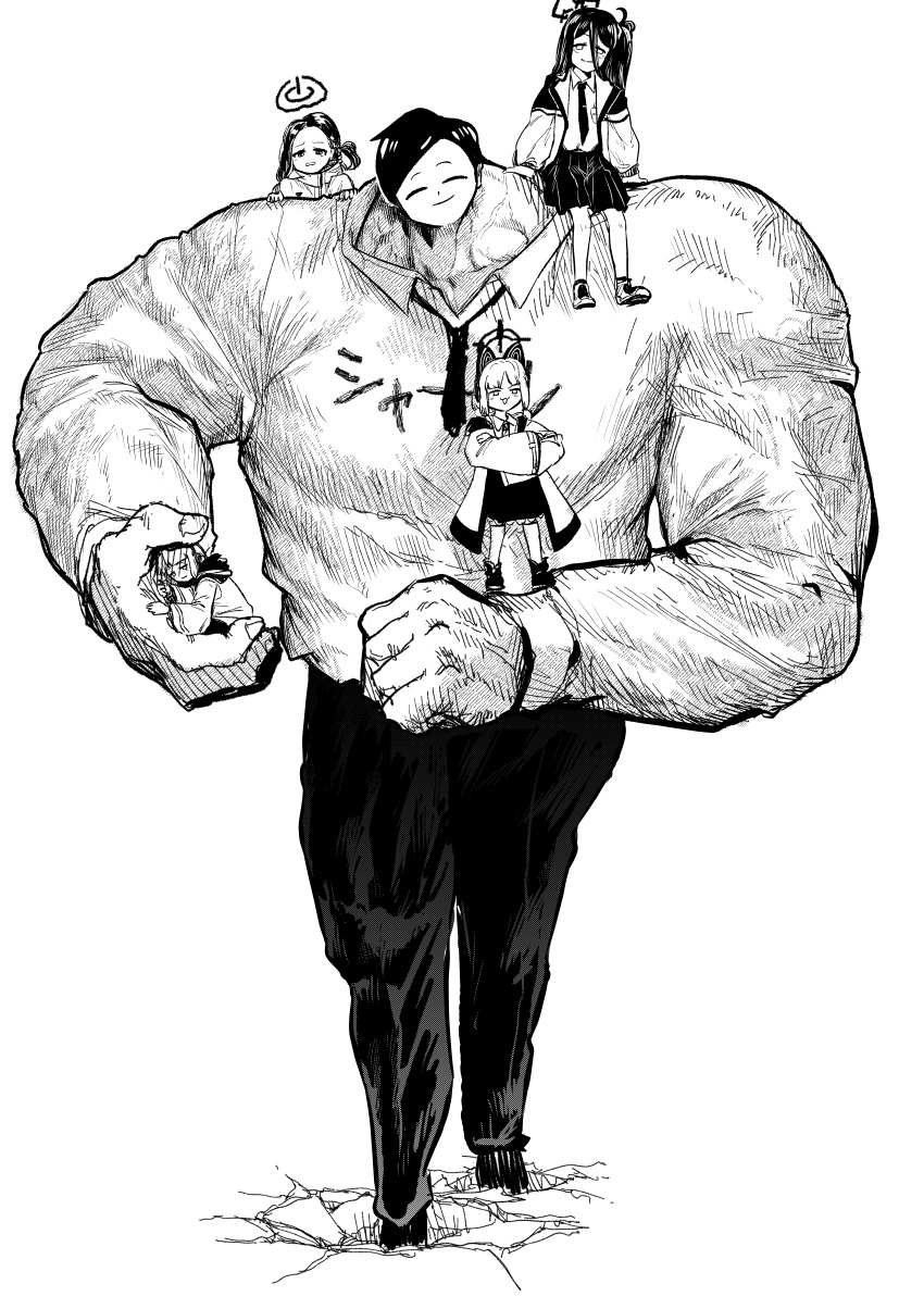 1boy, 4girls, absurdres, alternate_muscle_size, anatomical_nonsense, aris_(blue_archive), blue_archive, closed_eyes