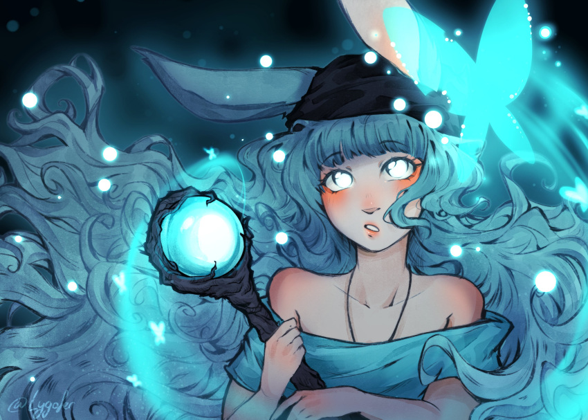 1girl, absurdres, animal_ears, black_scarf, blue_butterfly, blue_eyes, blue_hair, blue_shirt, blush, bug, butterfly, commentary, druid_rabbit, english_commentary, expressionless, floating_hair, glowing, glowing_eyes, head_scarf, highres, holding, holding_staff, jewelry, long_hair, looking_at_viewer, lygofer, mage_staff, medium_bangs, necklace, off-shoulder_shirt, off_shoulder, open_mouth, rabbit_and_steel, rabbit_ears, rabbit_girl, scarf, shirt, short_sleeves, solo, staff, upper_body, very_long_hair, wavy_hair