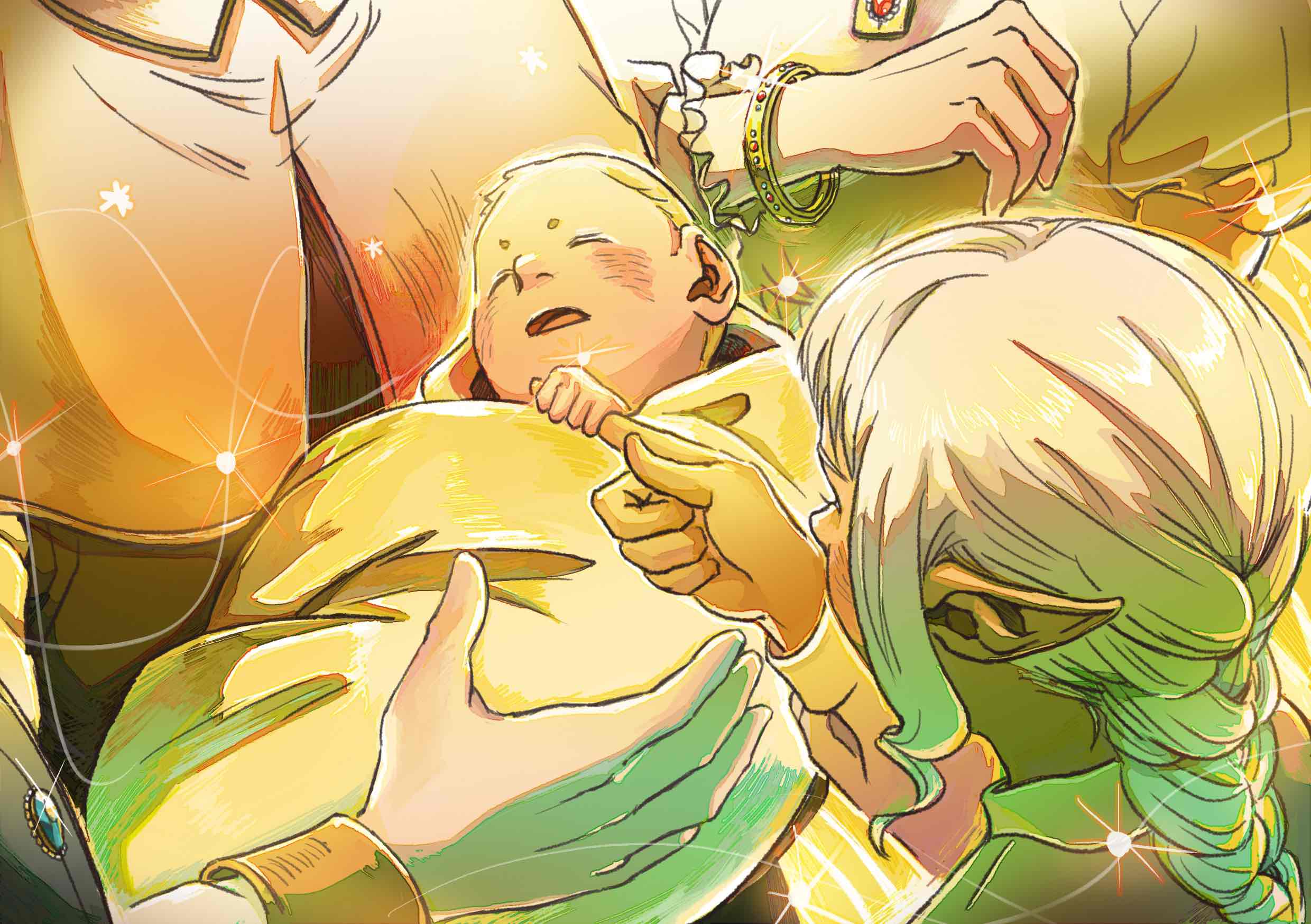 2boys, aa-d-aa, aged_down, aristocratic_clothes, baby, baby_carry, blonde_hair, blush, bracelet, braid, braided_ponytail, brooch, carrying, closed_eyes, dark-skinned_male, dark_skin, delgal_(dungeon_meshi), dungeon_meshi, elf, family, feet_out_of_frame, glint, highres, holding_finger, jewelry, juliet_sleeves, long_sleeves, multiple_boys, open_mouth, pointy_ears, puffy_sleeves, single_braid, sleeping, sparkle, thistle_(dungeon_meshi)