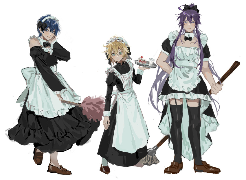 3boys, alternate_costume, apron, black_dress, blonde_hair, blue_eyes, blue_hair, bow