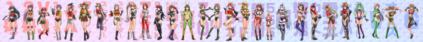 6+girls, antennae, belt, boots, elbow_gloves, everyone, genderswap, genderswap_(mtf), gloves, highres, kamen_rider, kamen_rider_1, kamen_rider_2, kamen_rider_555, kamen_rider_agito, kamen_rider_agito_(series), kamen_rider_amazon, kamen_rider_amazon_(series), kamen_rider_black, kamen_rider_black_(series), kamen_rider_black_rx, kamen_rider_black_rx_(series), kamen_rider_blade, kamen_rider_blade_(series), kamen_rider_dcd, kamen_rider_decade, kamen_rider_den-o, kamen_rider_den-o_(series), kamen_rider_double, kamen_rider_faiz, kamen_rider_g, kamen_rider_hibiki, kamen_rider_hibiki_(series), kamen_rider_j, kamen_rider_j_(movie), kamen_rider_kabuto, kamen_rider_kabuto_(series), kamen_rider_kiva, kamen_rider_kiva_(series), kamen_rider_kuuga, kamen_rider_kuuga_(series), kamen_rider_ooo, kamen_rider_ooo_(series), kamen_rider_ryuki, kamen_rider_ryuki_(series), kamen_rider_shin, kamen_rider_stronger, kamen_rider_stronger_(series), kamen_rider_super-1, kamen_rider_super-1_(series), kamen_rider_v3, kamen_rider_v3_(series), kamen_rider_w, kamen_rider_x, kamen_rider_x_(series), kamen_rider_zo, kamen_rider_zo_(film), kamen_rider_zx, legs, long_image, midriff, multiple_girls, new_kamen_rider, personification, riderman, scarf, shin_kamen_rider_prologue, skyrider, thigh-highs, thigh_boots, thighhighs, wide_image, yusao